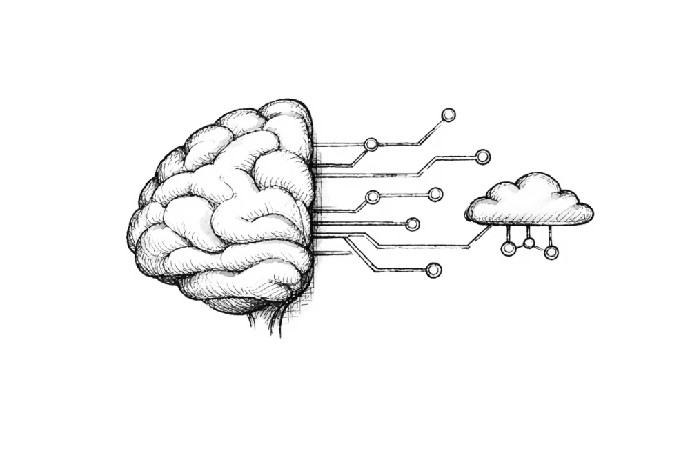 Hand-drawn brain with circuit traces reaching a cloud