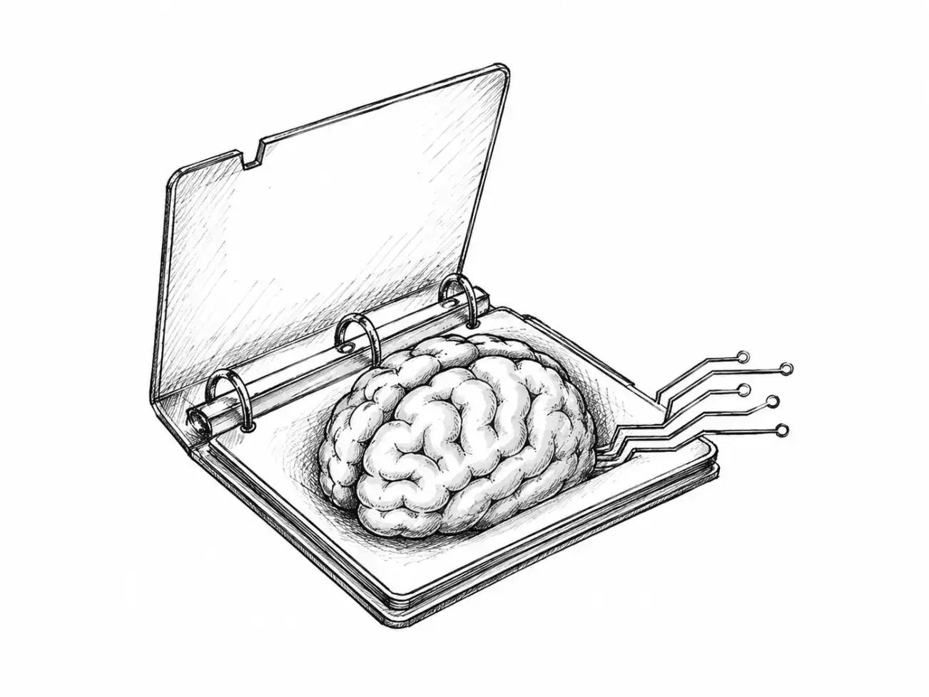 Hand-drawn open folder with a brain inside, circuit traces emerging