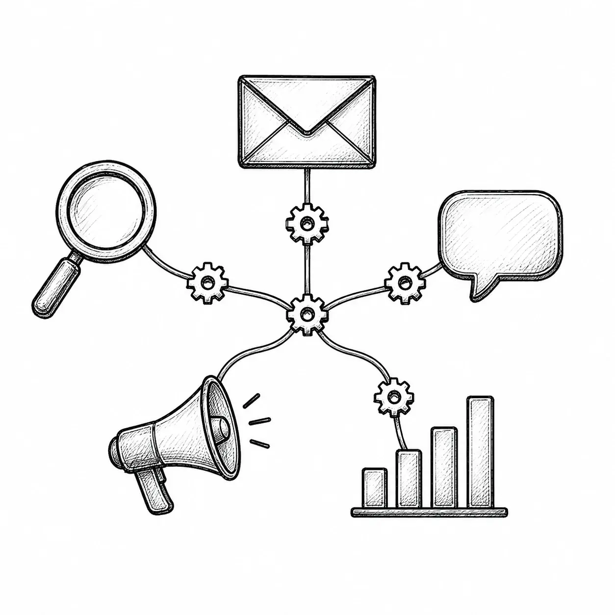 Hand-drawn marketing channels - search, email, social, ads, reporting - linked by gears