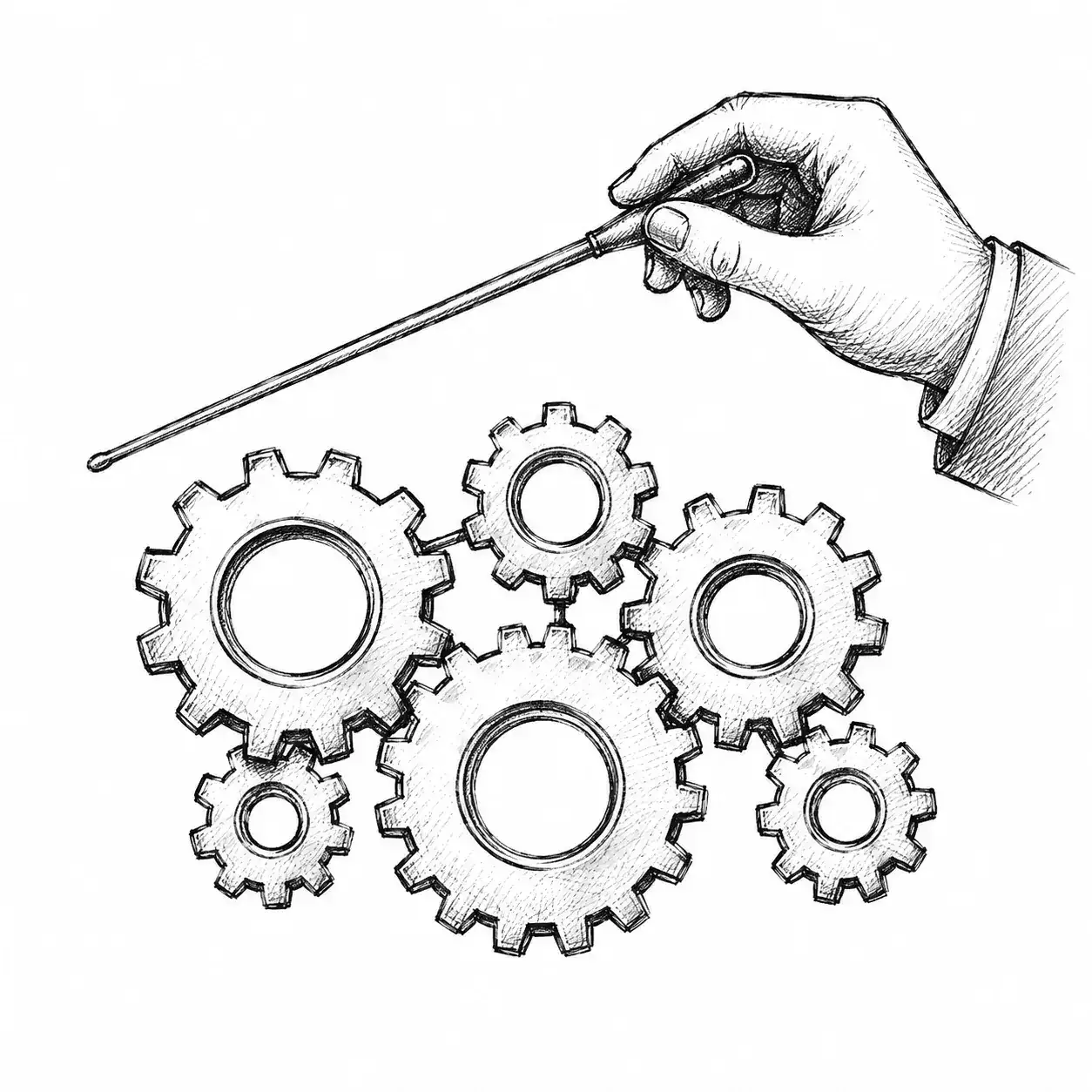 Hand-drawn conductor's baton over interconnected gears
