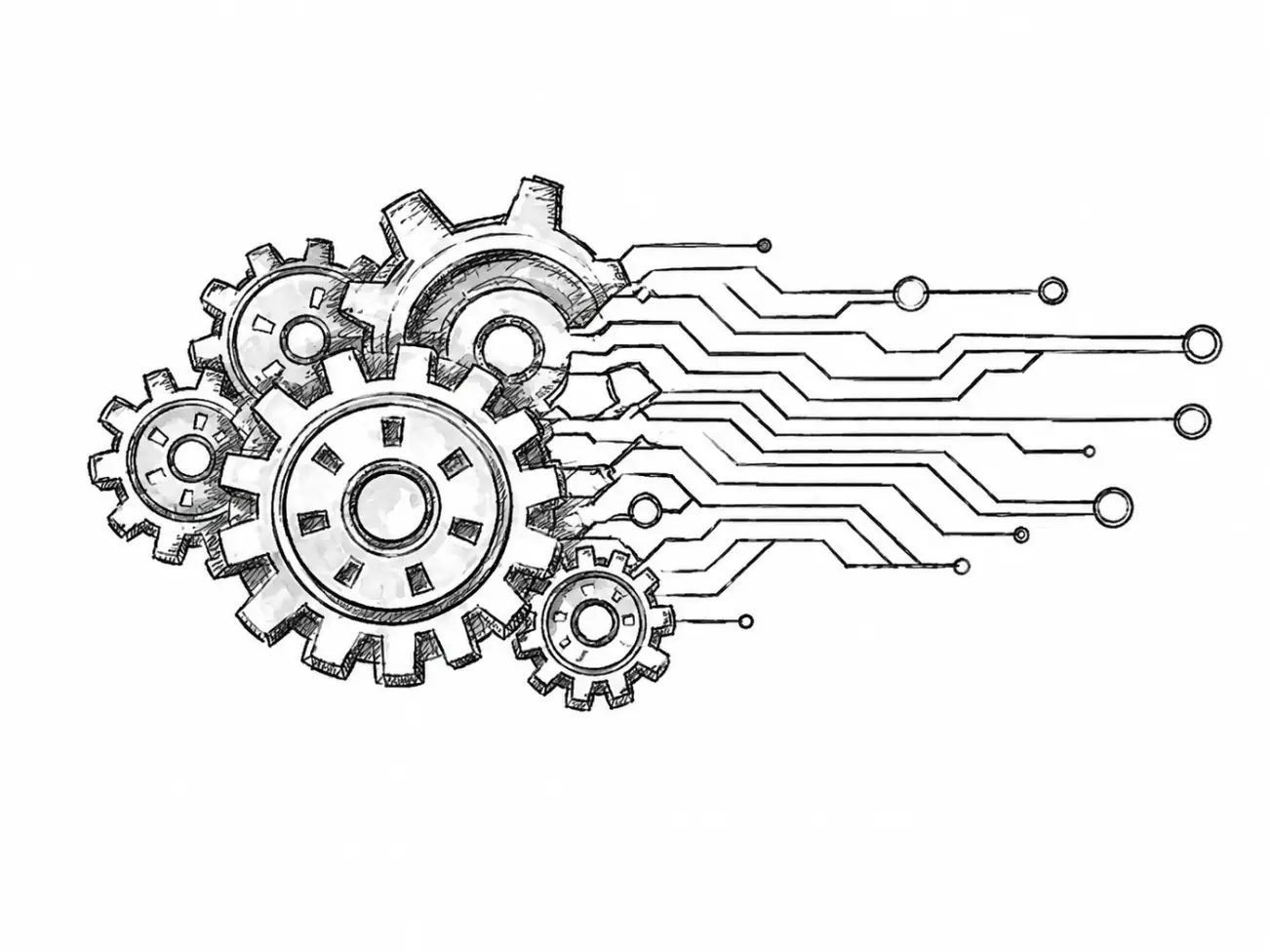 Hand-drawn gears feeding circuit traces - systems connected
