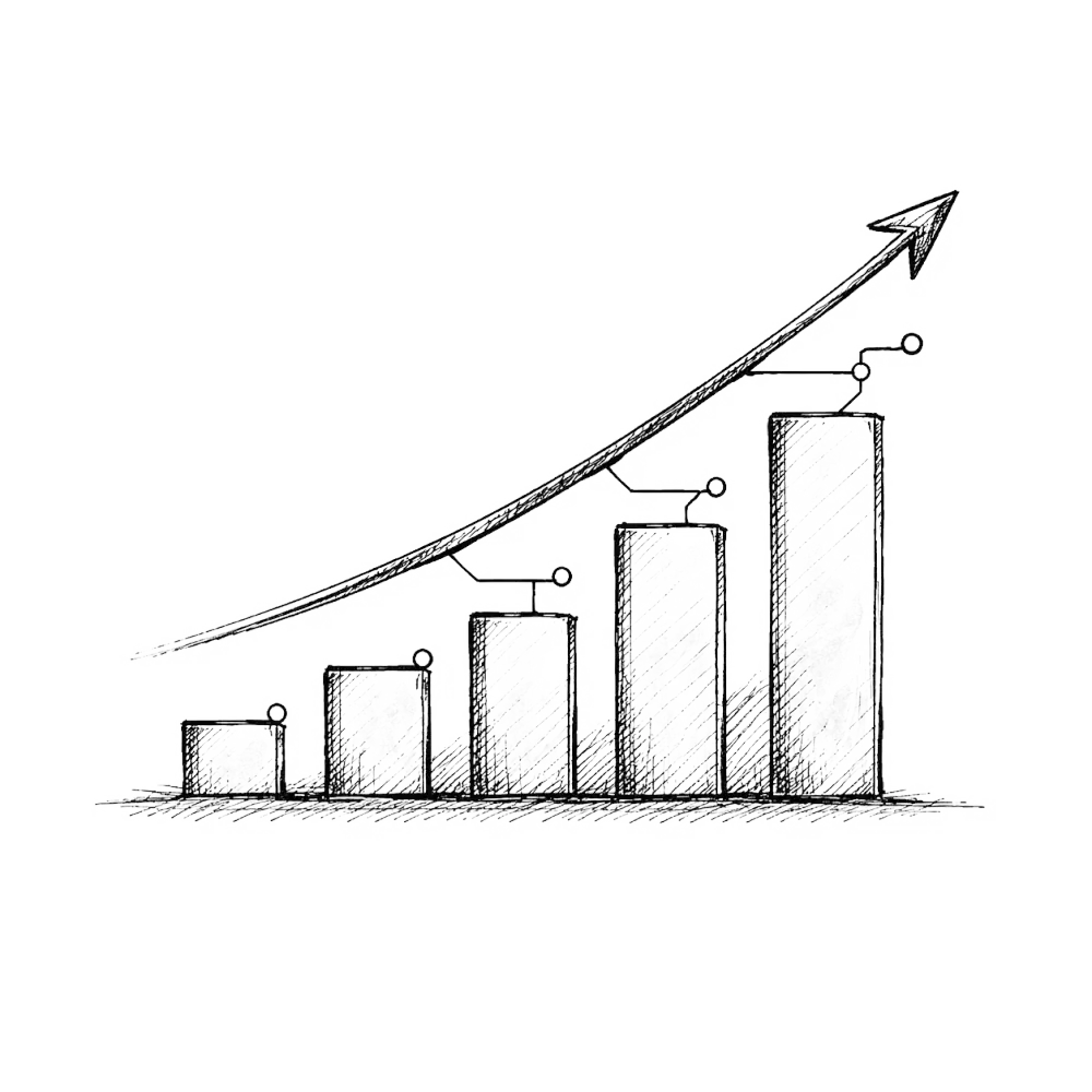 Hand-drawn rising bar chart with circuit-trace arrow