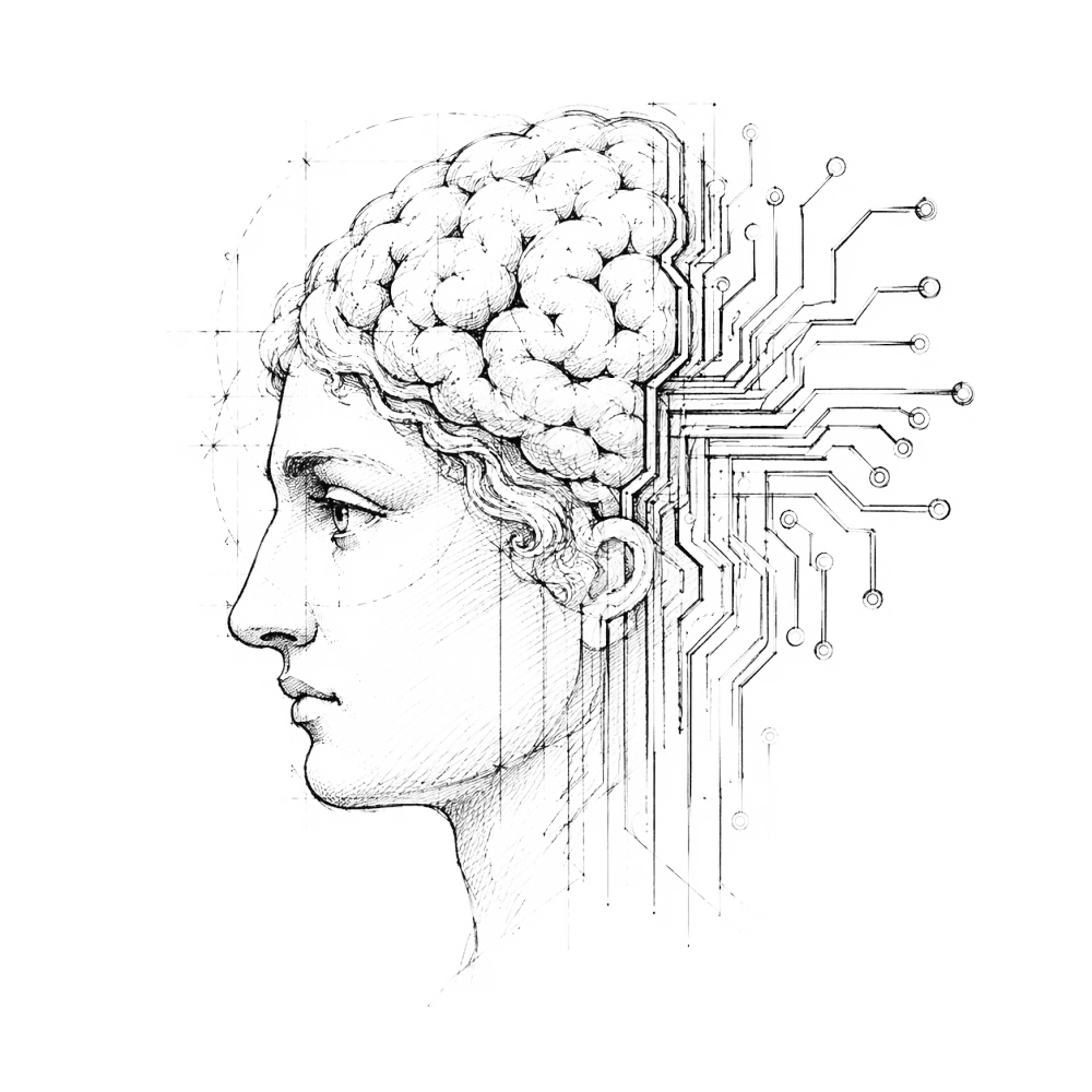 Hand-drawn profile with pencil gears and circuit traces - people and machines sharing the work