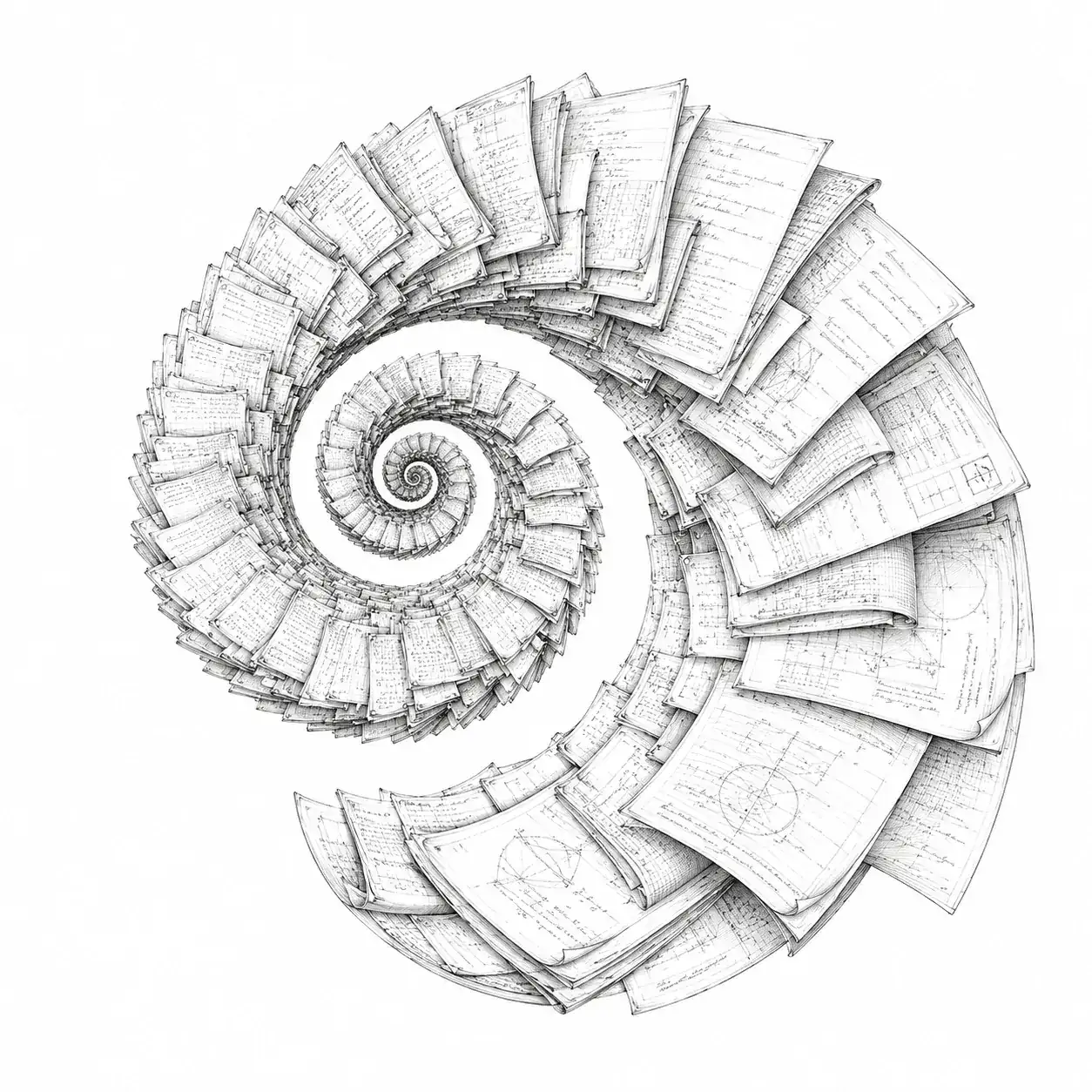 Hand-drawn nautilus spiral of documents growing outward - knowledge compounding