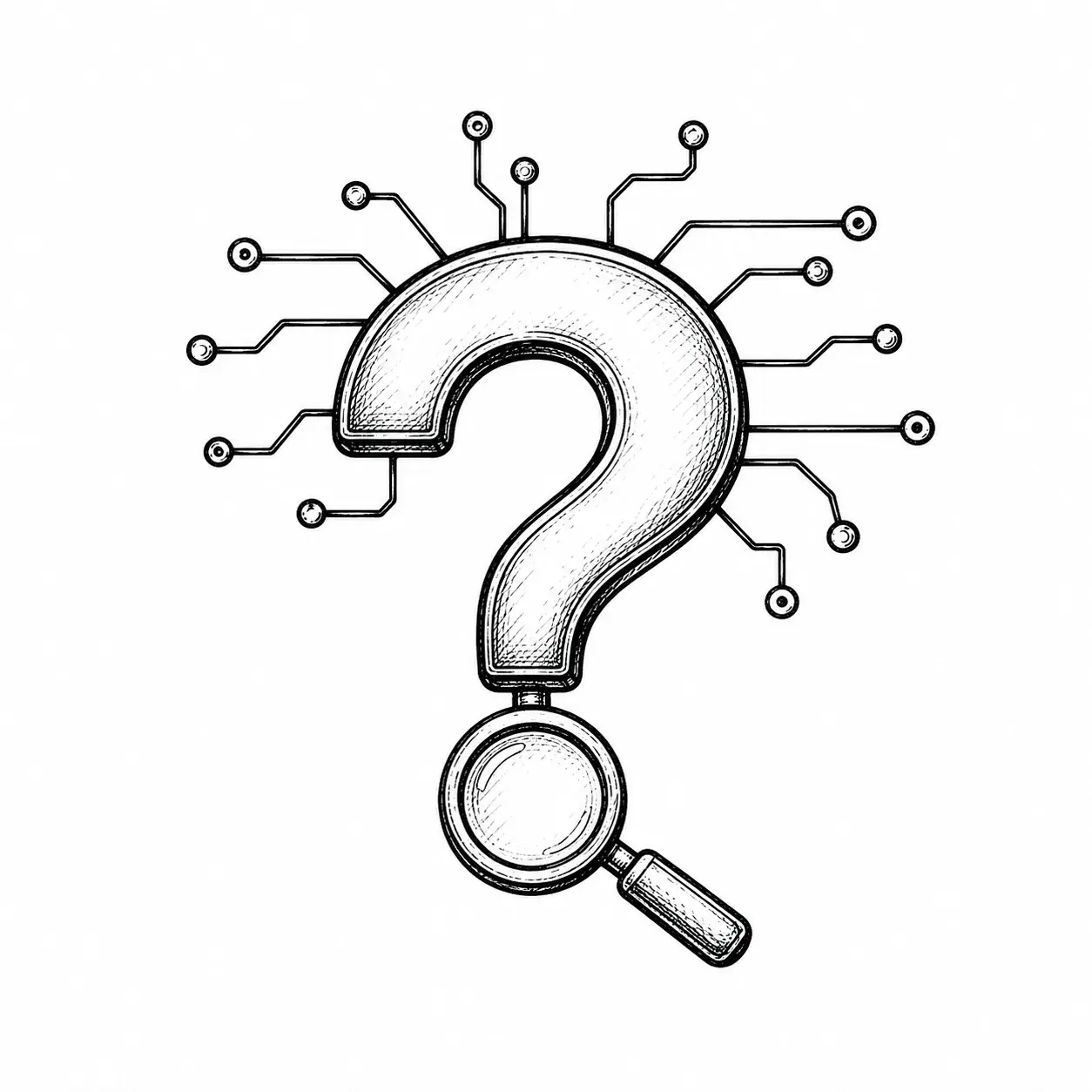 Hand-drawn question mark with a magnifying glass dot and circuit traces