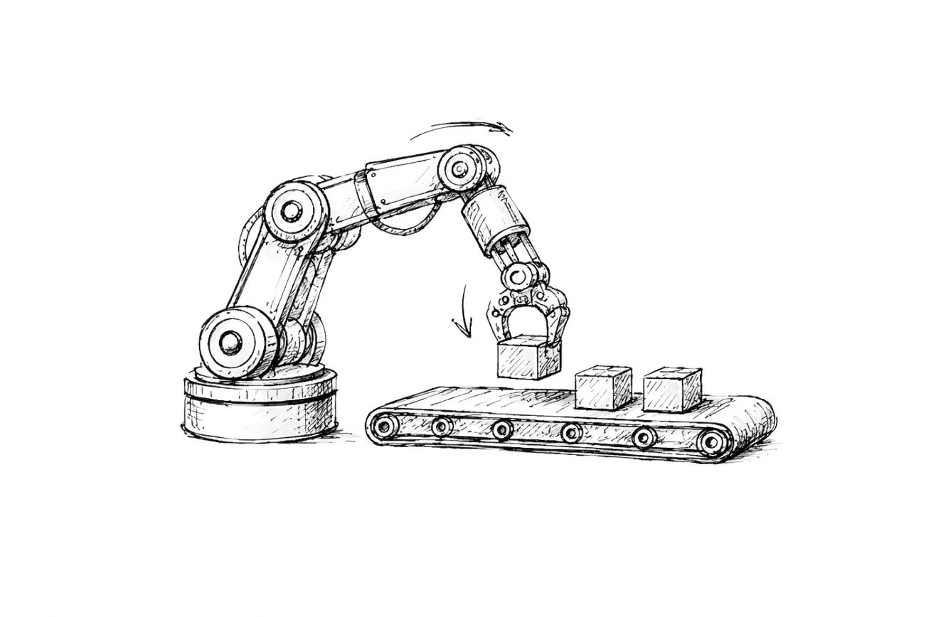 Hand-drawn robotic arm at a conveyor