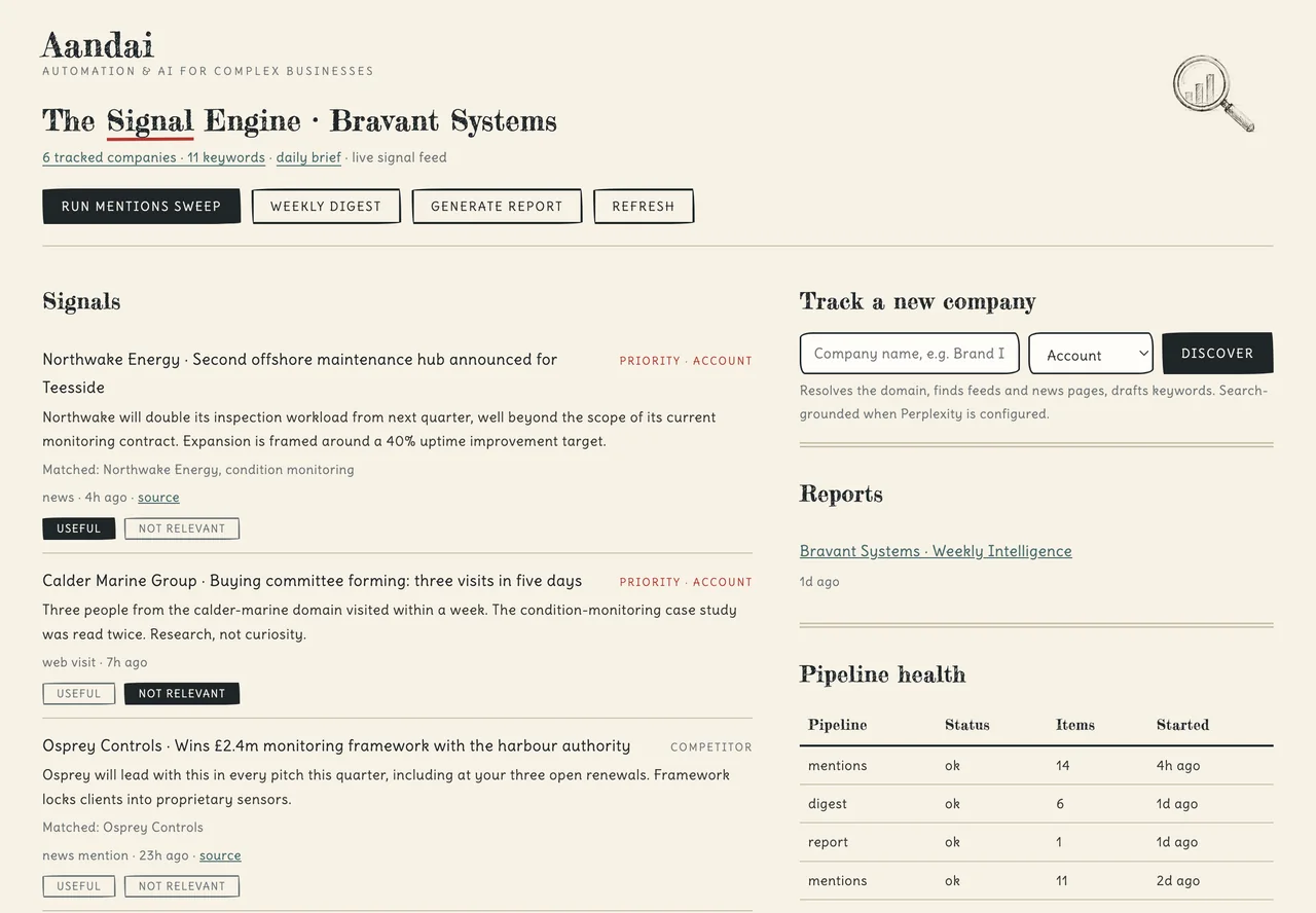 The Signal Engine - live signal feed, discovery and pipeline health