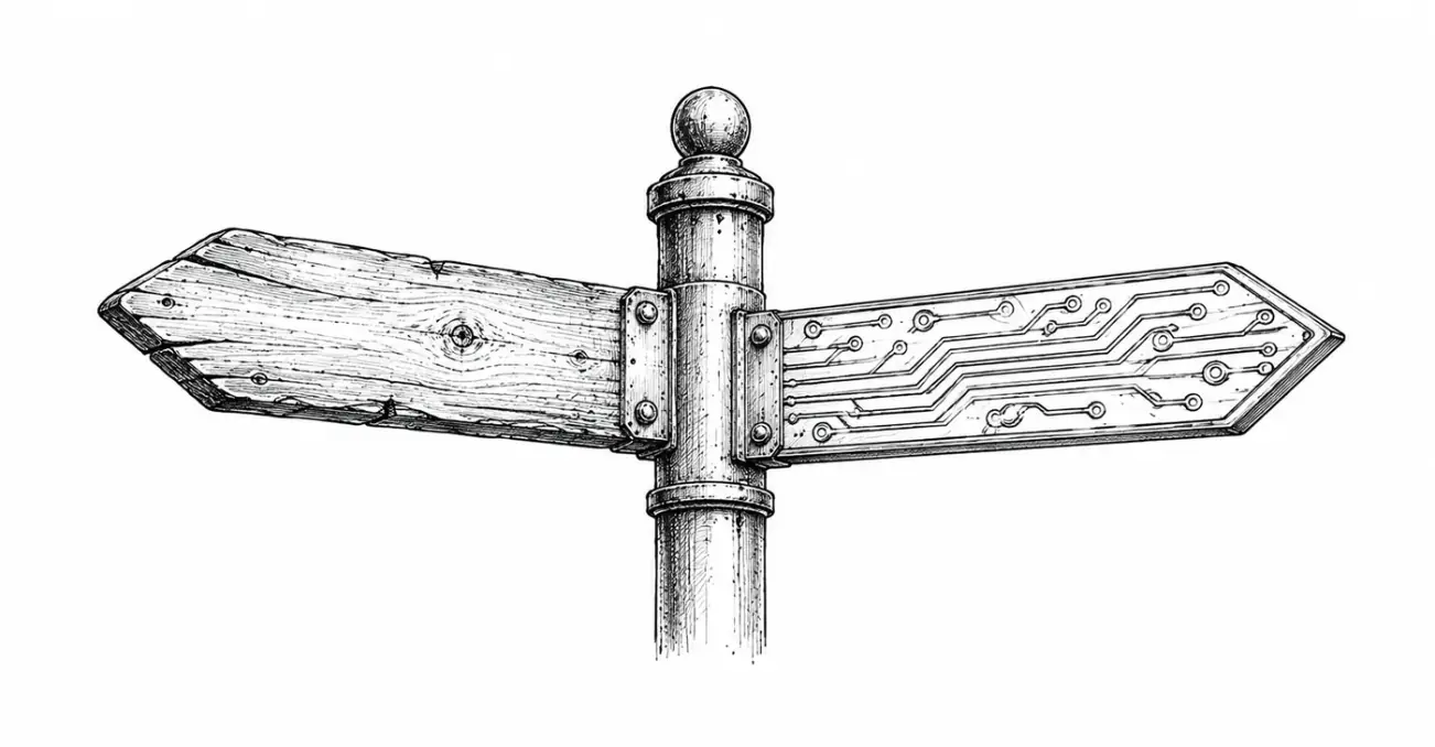 Hand-drawn signpost - a weathered wooden arm and a circuit-trace arm pointing different ways