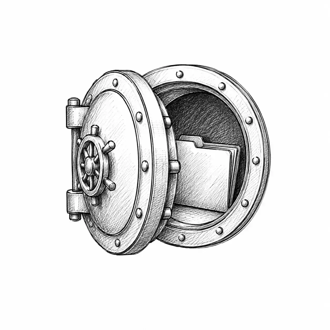 Hand-drawn vault door ajar with a folder inside